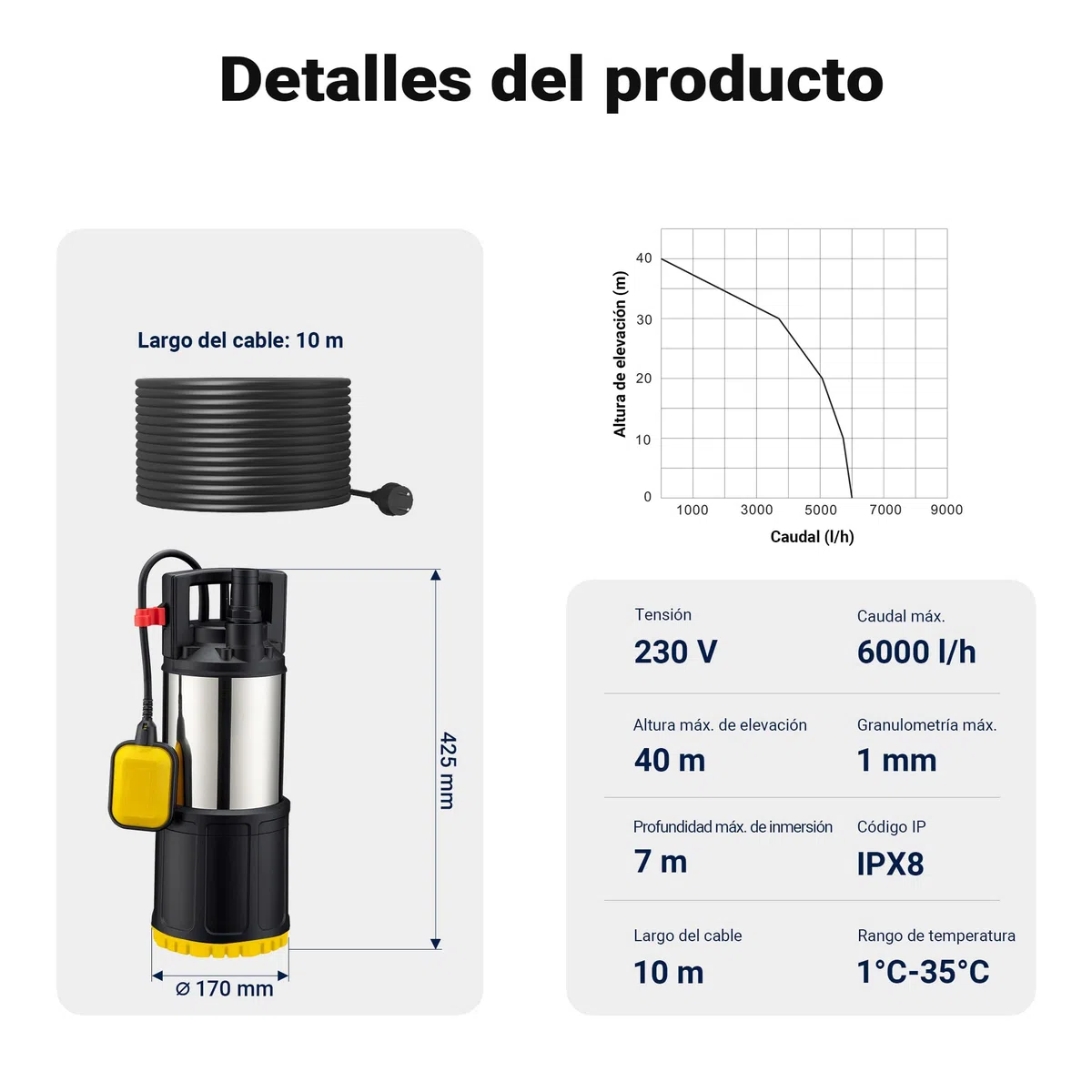 Bomba de agua sumergible Wiltec 1200 W 6000 l/h 40 m, inmersión 7 m, interruptor flotador, PPO acero inoxidable