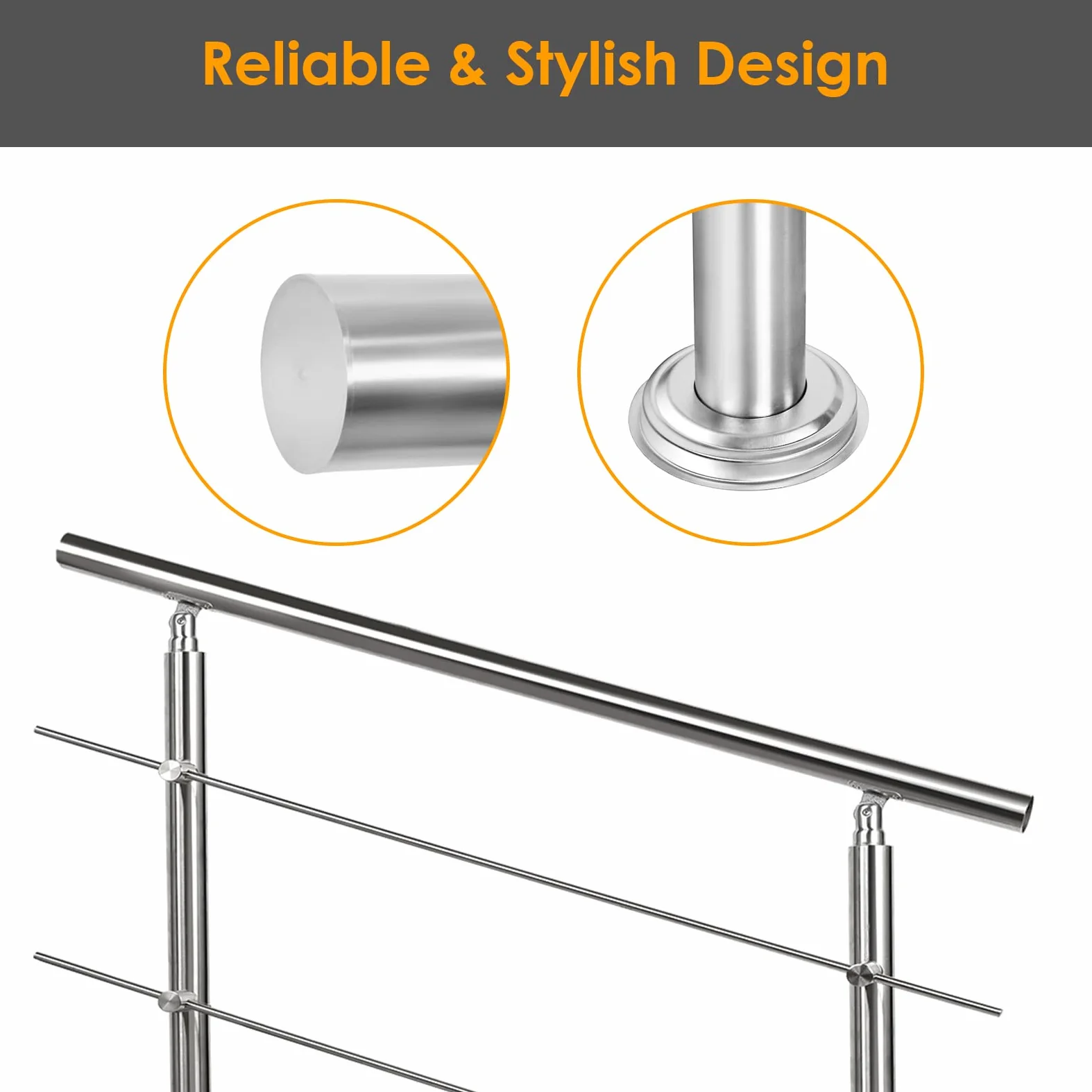 Sonnewelt Pasamanos escalera acero inox 150 * 4.2 * 106.5cm,2 barras,barandilla con kit de instalación,para interiores y exteriores, escaleras, balcón, balaustrada