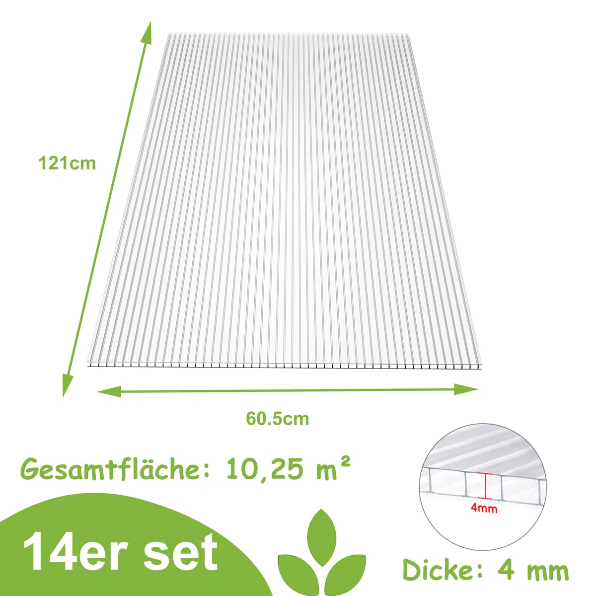 YRHome Placas de policarbonato de 14 piezas, 605 x 1210 x 4 mm, superficie total de 10,25 m², placa de invernadero con 50 soportes y 50 clips en Z