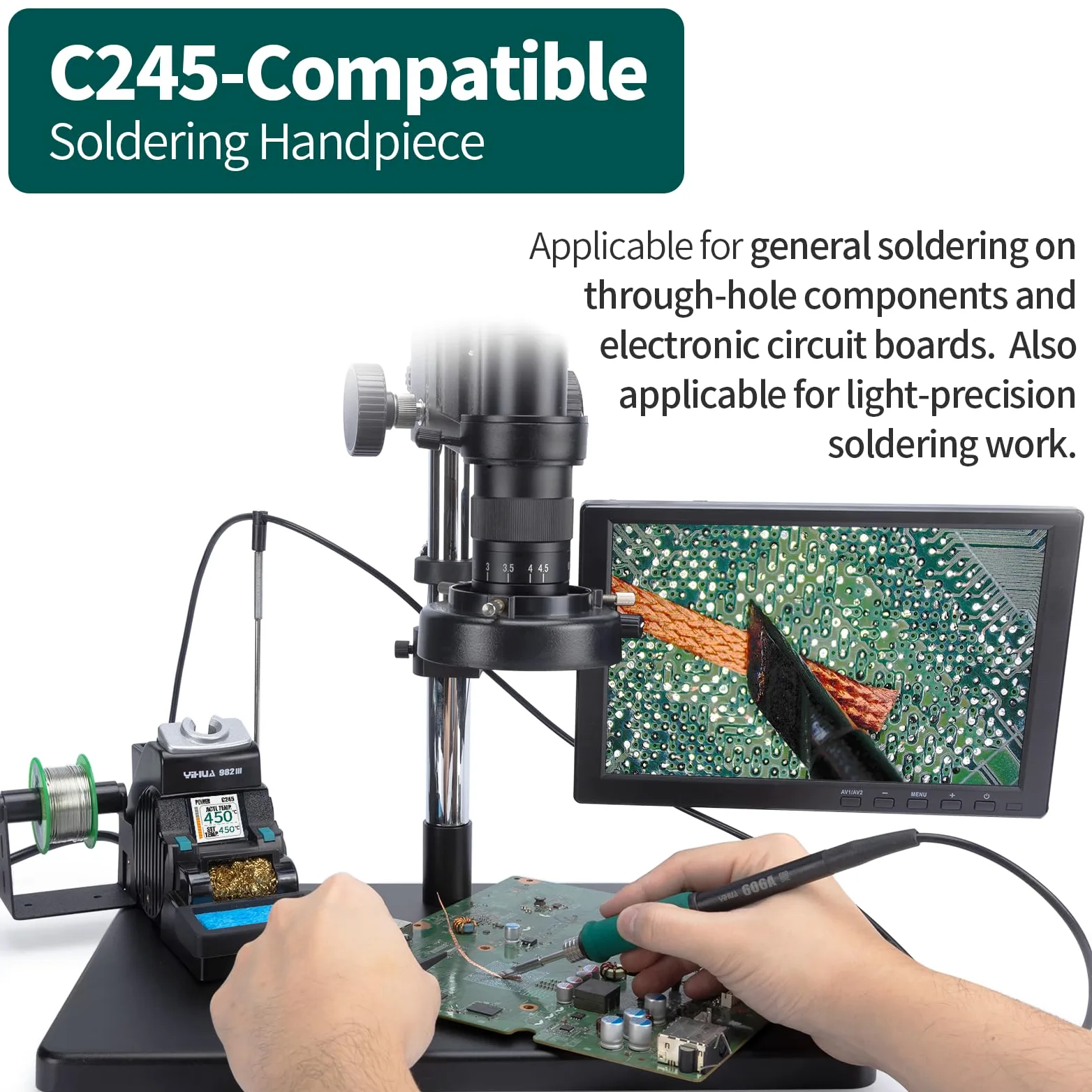 YIHUA 982-III Kit de estación de soldadura de precisión compatible C245 incluye 3 soldador estaño C245 alambre de soldadura sin plomo modo de reposo modo de espera automático pantalla a color completa