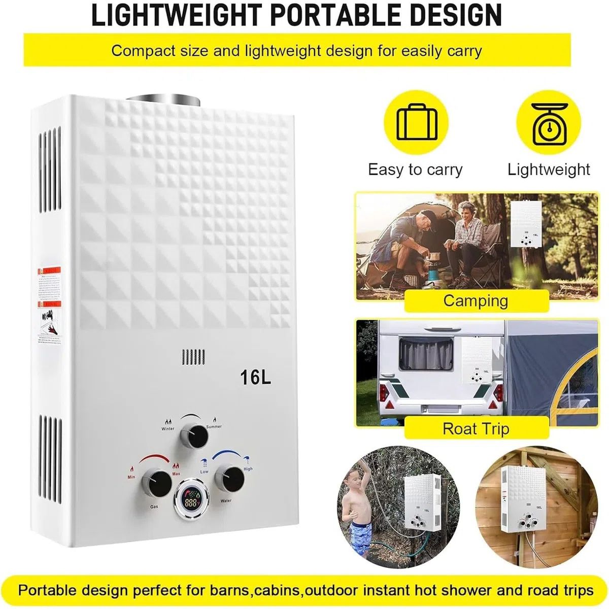 Calentador de Agua a Gas, 16L Calentador de Agua LPG Instantáneo, Calentador de Agua Sin Tanque Con Pantalla LED, Para Duchas al Aire Libre [Clase de eficiencia energética A]