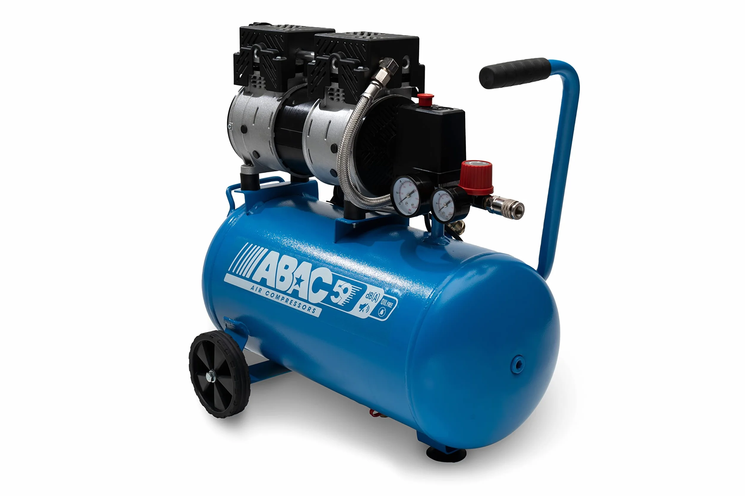 Compresor de aire silencioso EASE-AIR 24 de ABAC, compresor de aire sin aceite, presión máxima 8 bar, potencia 1 hp, Depósito 24 litros, Nivel sonoro 59 dB
