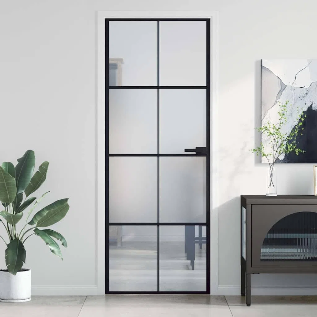 Puerta interior delgada negra vidrio y aluminio 76x201,5 cm, 4x2 rejillas