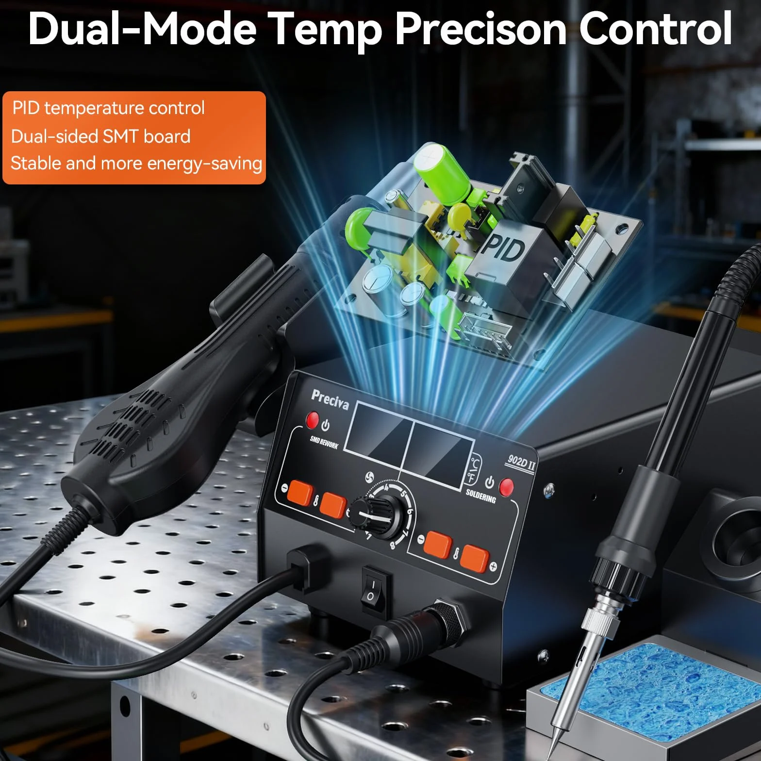 Preciva 902DII EstacióN de Soldadura 2 En 1 750w, 2 En 1 Soldering Station Soldador De EstañO Profesional Con Pantalla Led, 4 Boquillas, 5 Puntas, 30 G De Soldadura Sin Plomo