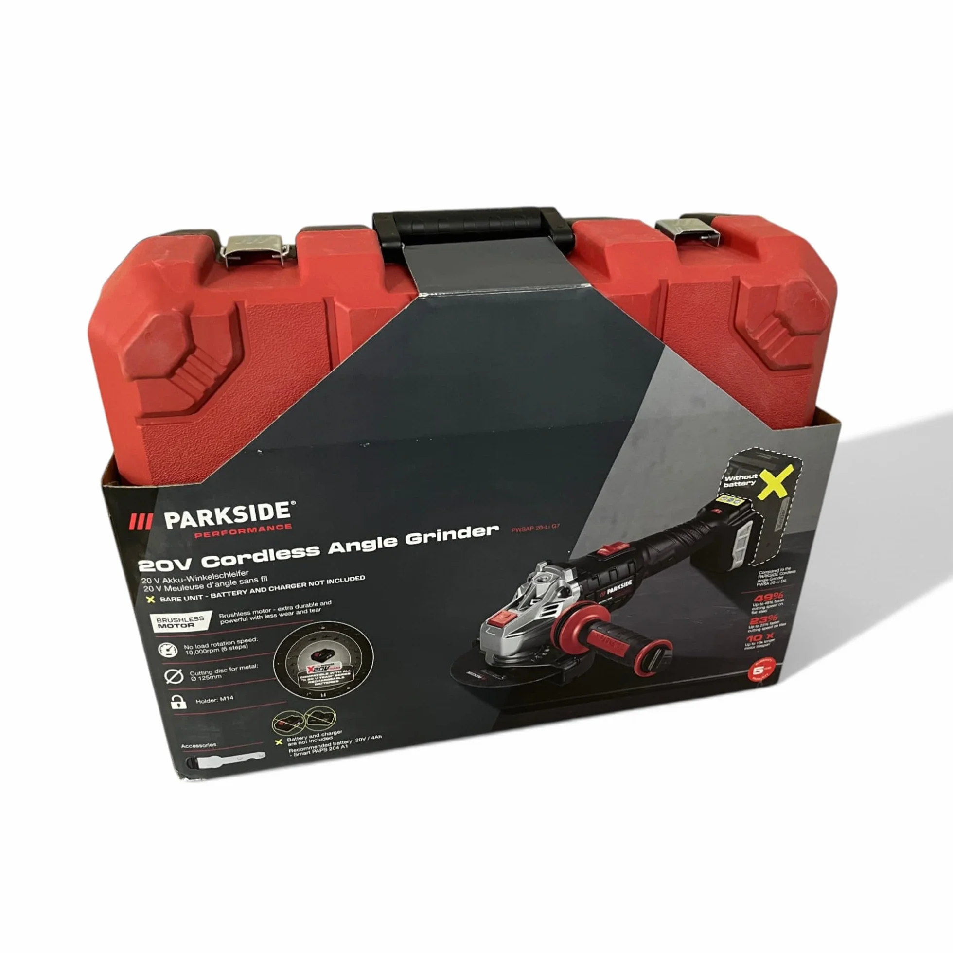 Amoladora angular inalámbrica PARKSIDE Performance X20V PWSAP 20 (sin escobillas/brushless, sin batería, sin cargador, en maletín de transporte)