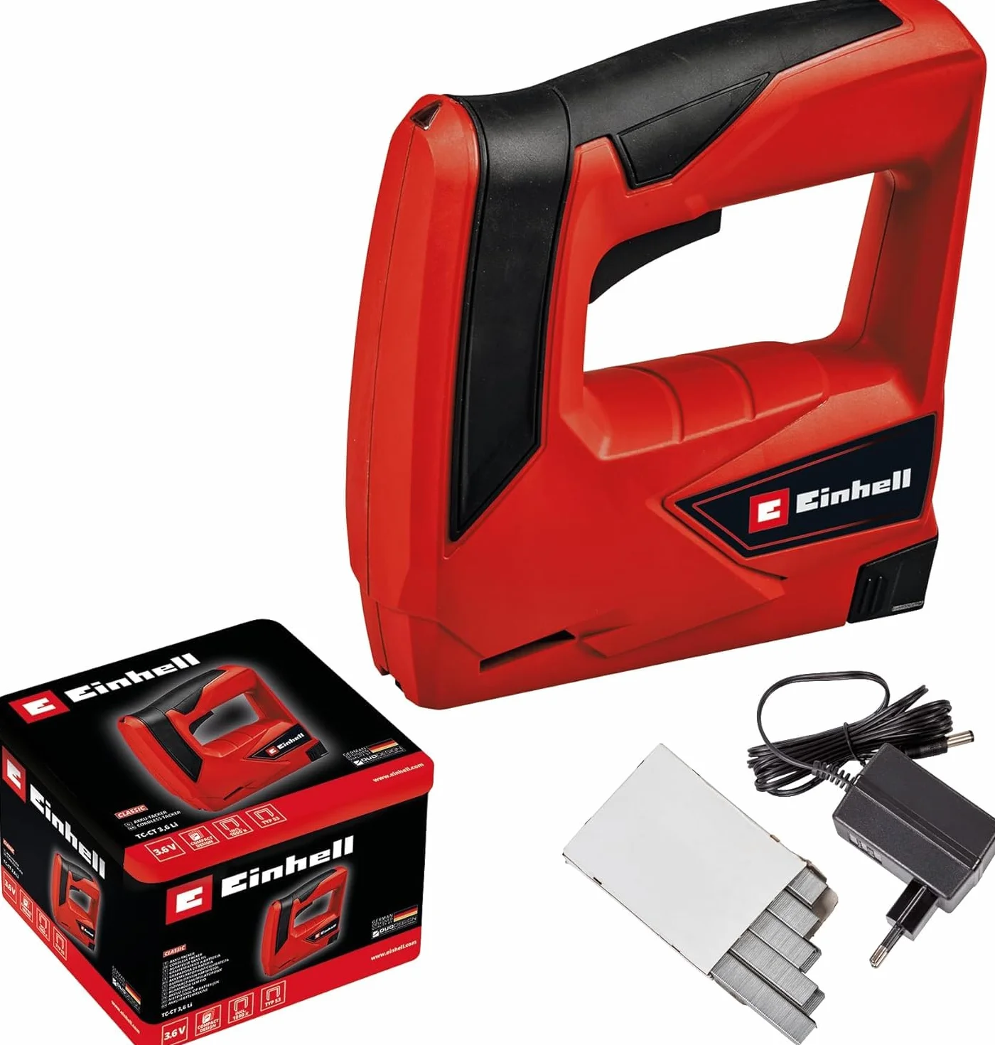 Einhell Grapadora a batería TC-CT 3,6 Li (3,6V, 1,3Ah, 30 disparos/min, ergonómico. Empuñadura suave, nariz de seguridad, entrega con caja metálica, cargador y 1000 grapas)