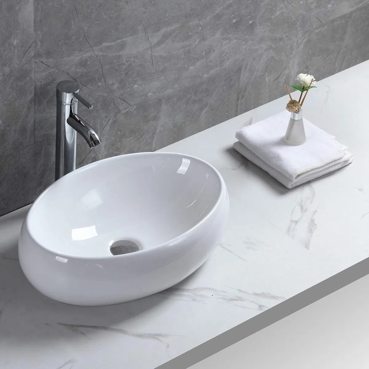 Lavabo de Cerámica Lavabo de Recipiente Ovalado de Blanco Lavabo Sobre Encimera Para Guardarropa Baño Cocina