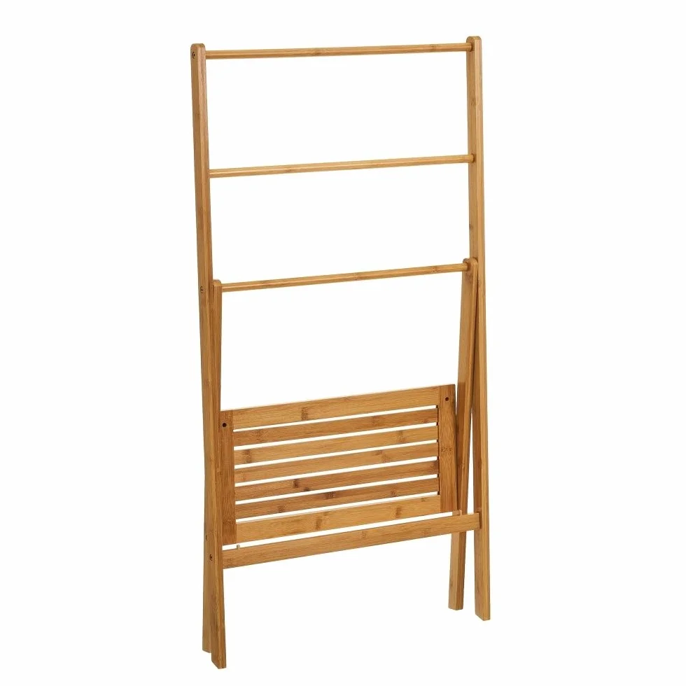 LOLAhome Toallero de pie Triple de bambú Natural 100x53x30 cm Estante 46,5x23 cm