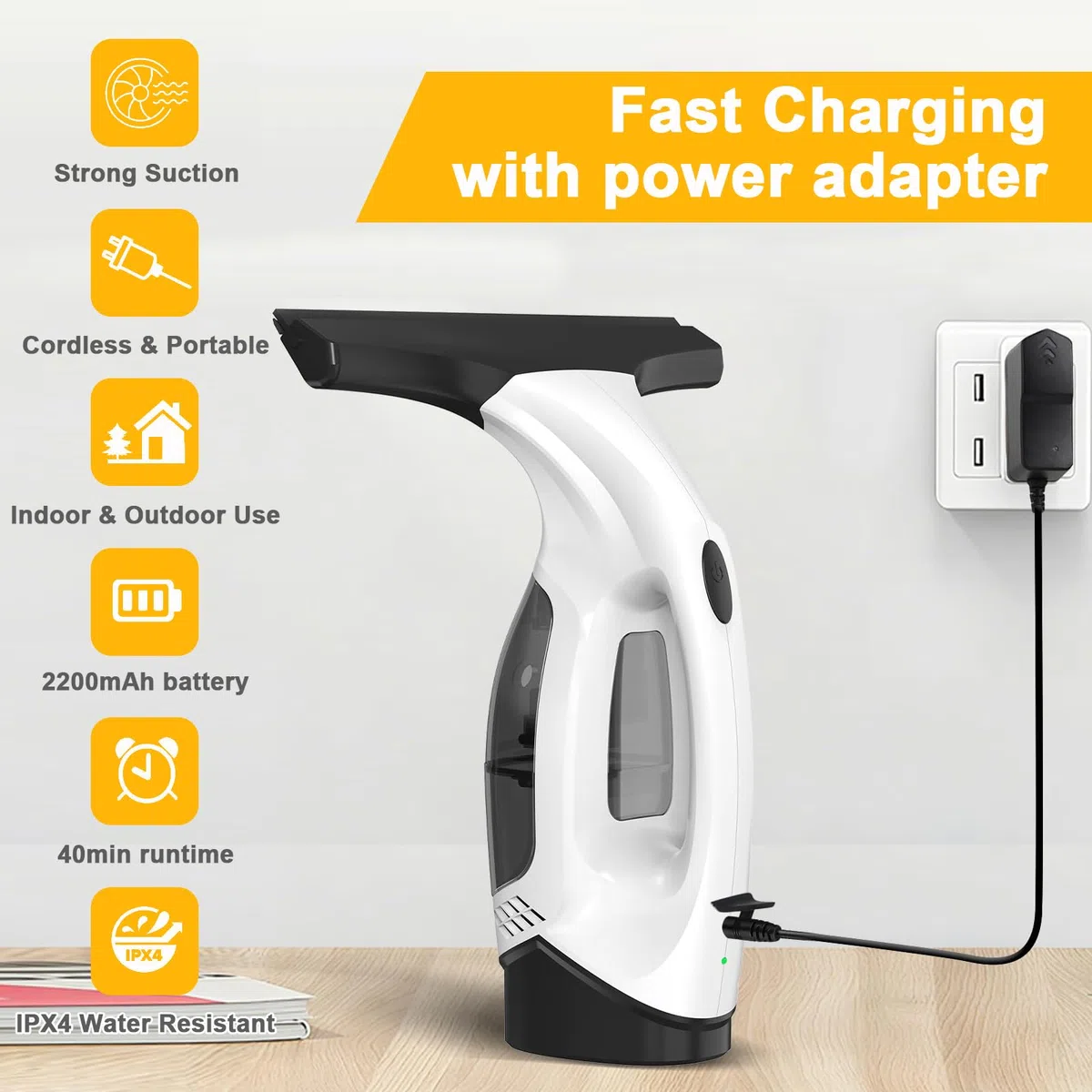 Limpiacristales Eléctrico Sin Cable, Limpiador de Cristales Eléctrico Portátil con Botella de Spray y Paño de Microfibra para Ventanas, Espejos, Azulejos – Succión Potente 2000Pa