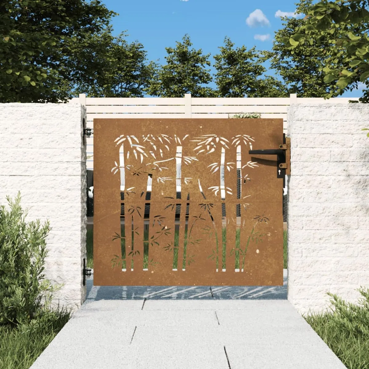 Festnight Puerta de Jardín 85 x 75 cm, Puerta de Jardín de Acero Corten, Puerta Exterior, diseño bambú