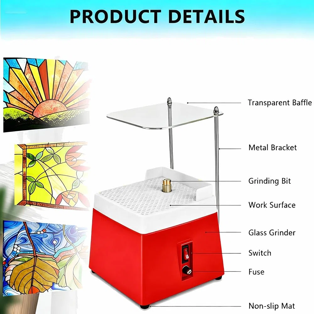 Lijadora de Vidrio Portátil,220V,65W,4200 rpm,con Función de Absorción Automática, Capucha Protectora Clara,2 Cabezales de Lijado Intercambiables y Accesorios de 30 pcs para Vidrio y Cerámica (Rojo)