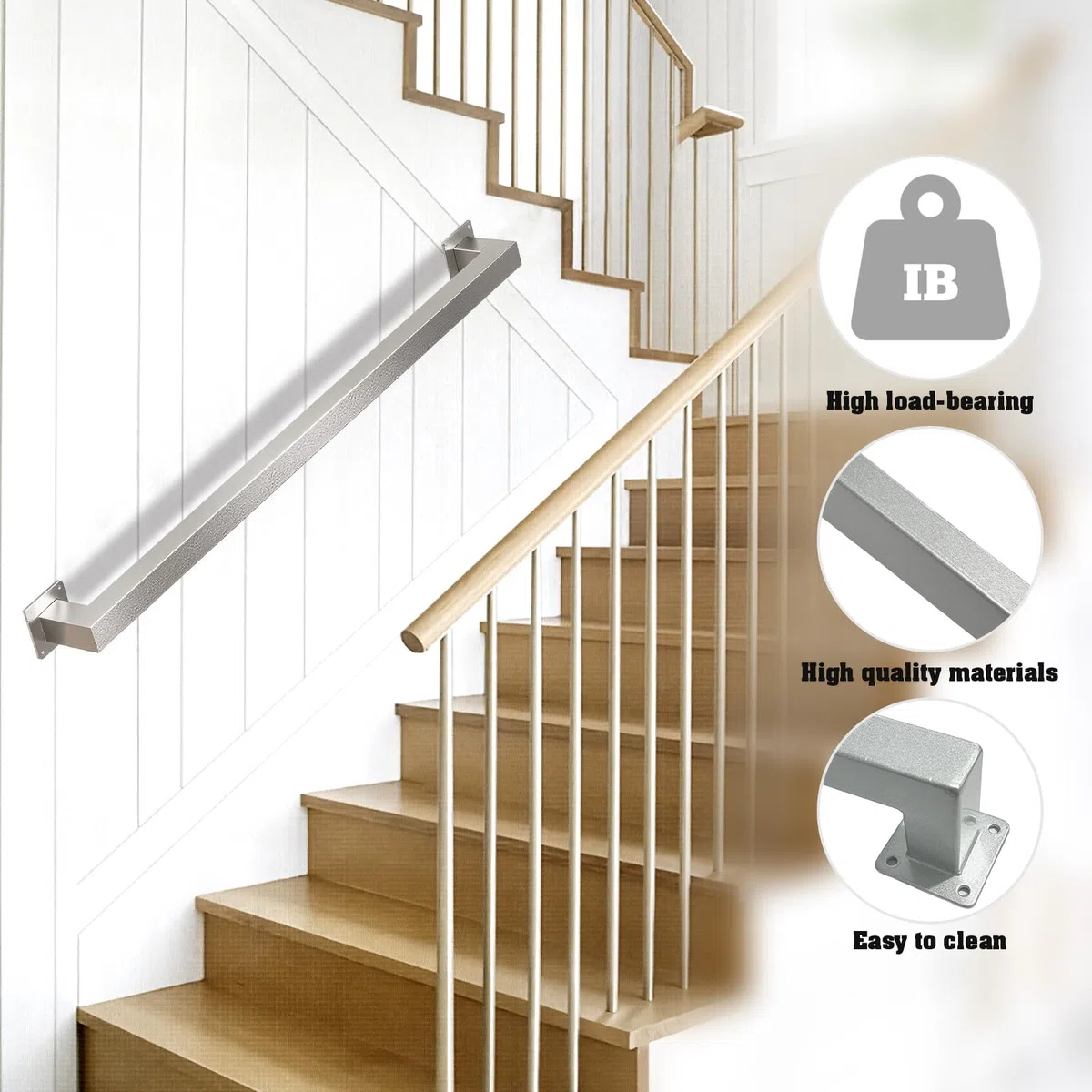 Pasamanos para escaleras, para interiores, 90 cm, plata, pasamanos para escaleras, exterior/interior, acero inoxidable, para terrazas (plata, 90 cm)