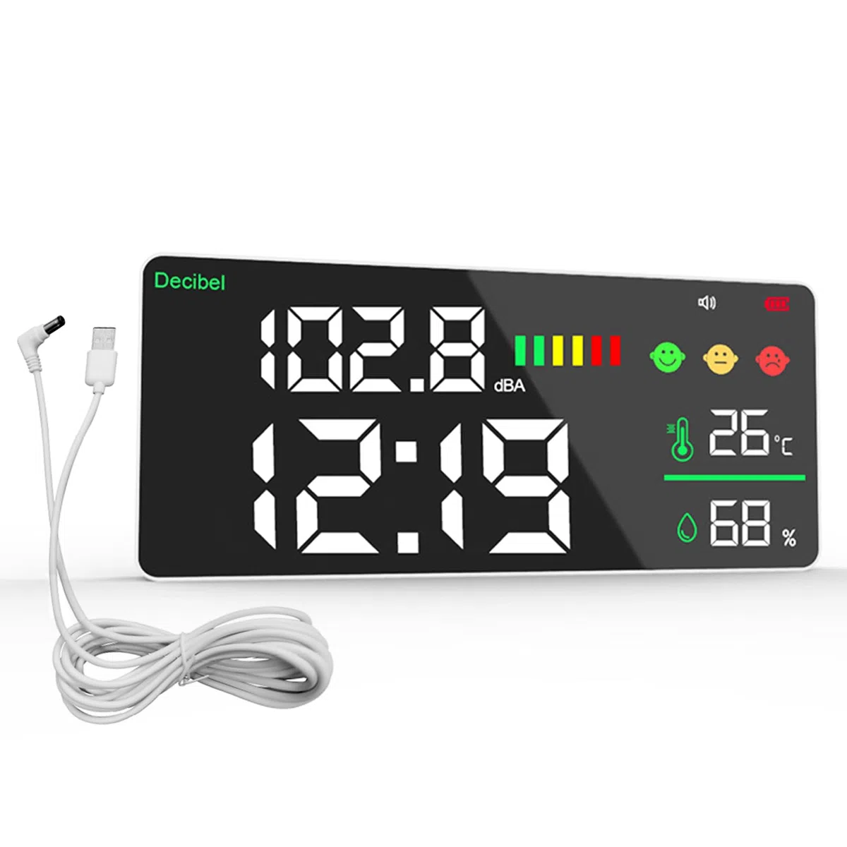 Medidor de Nivel de Sonido de Pared de 30 a 130 dB con Alarma, Medidor de Nivel de Sonido 11" LED Decibelios/Temperatura/Humedad/Tiempo, Decibelímetros Medidor de Ruido Recargable y Cable USB
