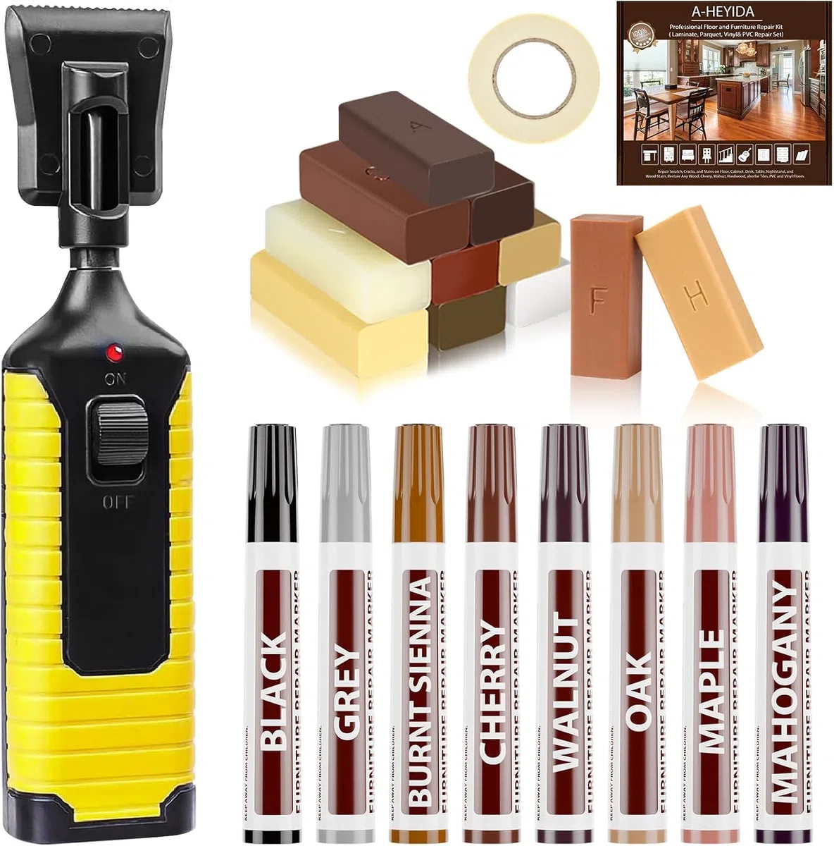 Juego de reparación de laminados – Juego de reparación de parquet con cera dura de 11 colores, solución fácil para reparar arañazos, agujeros, desgaste en madera, vinilo para suelos de madera y