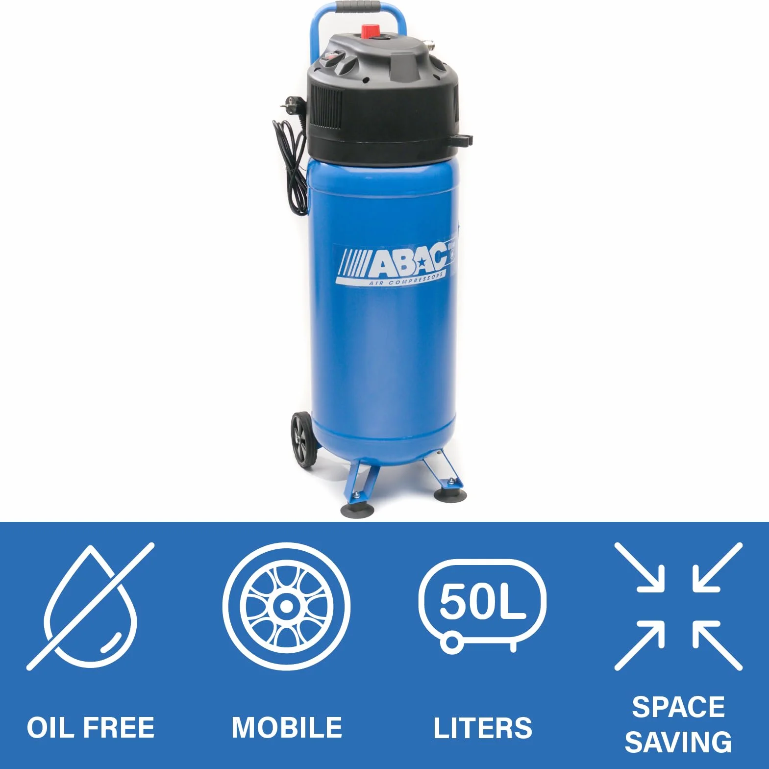 Compresor de aire vertical ABAC EASE-AIR 50V, Compresor de aire sin aceite, Presión máxima 10 bar, Potencia 2 hp, Depósito 50 litros, Nivel sonoro 97 dB (A)