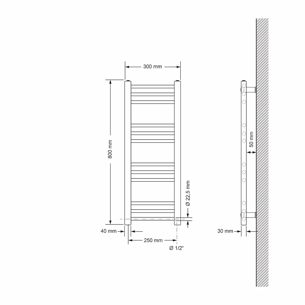 LuxeBath Radiador Toallero Sahara 300 x 800 mm, Cromado, Diseño Recto con Conexión Lateral, Calefacción para Baño, Calentador-Secador de Toallas, Estufa de Pared, Calefactor Moderno de Acero