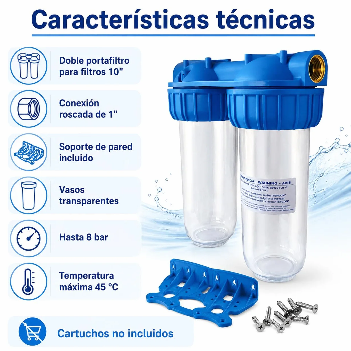 Filtro de Agua Doble 10" con Conexión 1" – Portafiltro Doble para Sedimentos y Carbón Activo