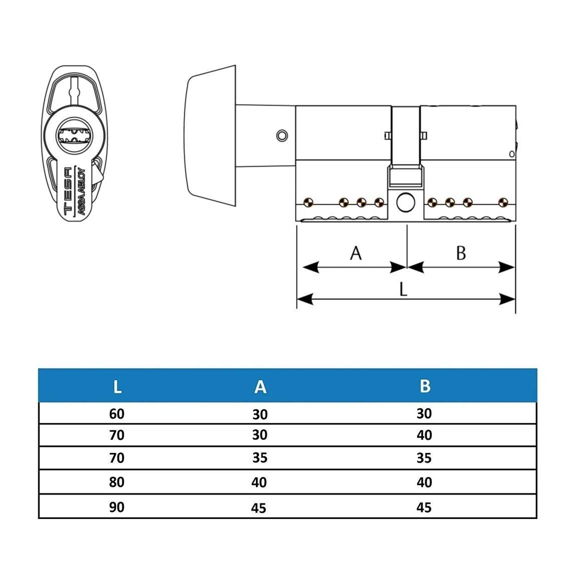Tesa Assa Abloy, TK1B3030L, Cilindro de Alta Seguridad, TK100, Doble Embrague, Leva Larga, Llave - Botón, Latonado, 30 x 30 mm