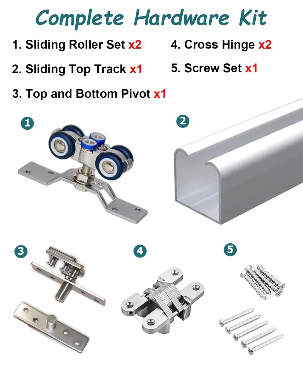 Vibeo Kit Puerta Corredera Oculta Kit de Herrajes para Puertas Plegables de Dos Hojas, Guía Superior para Puertas Correderas de Armario, Rieles de Aluminio para Armarios Plegables(75cm/30in)