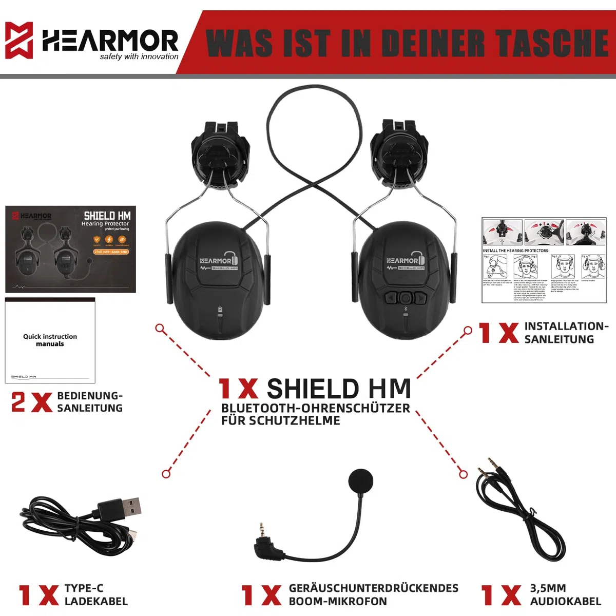 HEARMOR Protección auditiva rígida con Bluetooth, SNR 32 dB, protección auditiva fijada al casco, para trabajos de siega y trabajos intensivos en ruido