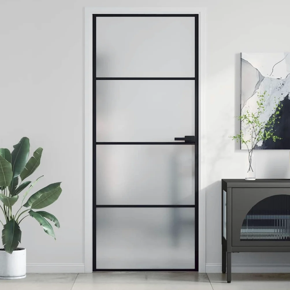 Puerta Interior Delgada Negra Vidrio y Aluminio 83x201,5 cm Negro,155119