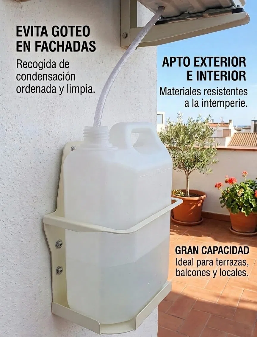 Recamania Kit de Desague para Aire Acondicionado | Garrafa de PVC 10 litros y Soporte Metalico en U para Pared | Garrafa Condensacion Universal para Exterior e Interior
