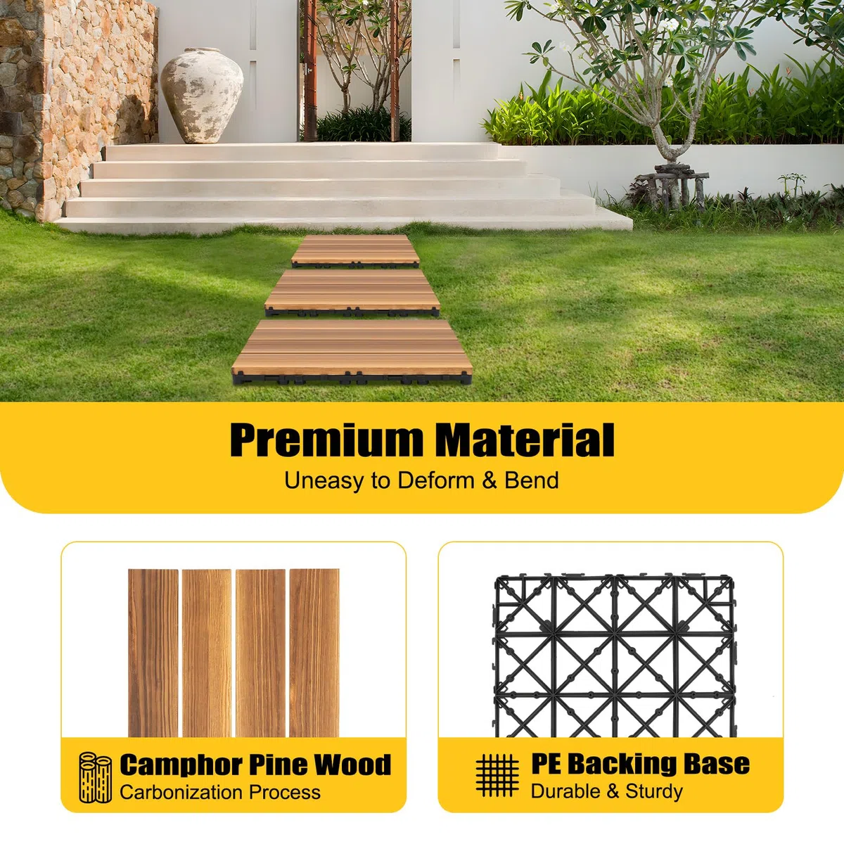 Lote de 36 baldosas entrelazadas de madera dura para patio, baldosas de suelo entrelazadas de madera maciza de alerce, dimensiones 30,3 x 30,3 x 2,3 cm, baldosas entrelazadas para terraza