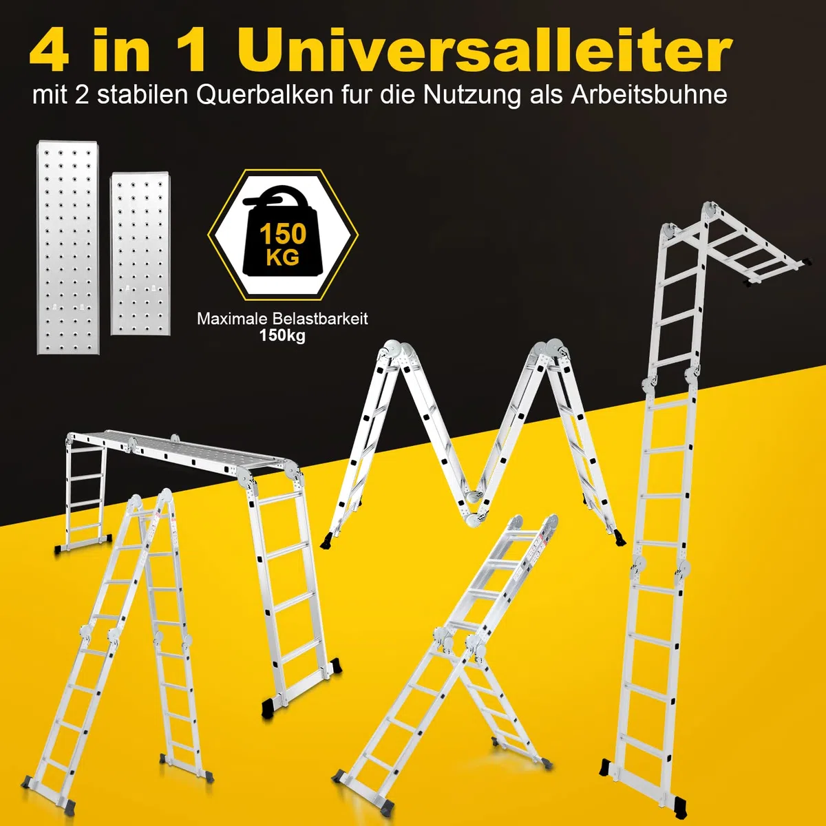 Escalera Multiusos de Aluminio de 4 x 4 peldaños, 470 cm, 7 en 1, con Plataforma, Escalera con 2 Placas de andamio, Escalera Multiusos Plegable, 16 peldaños, Color Plateado