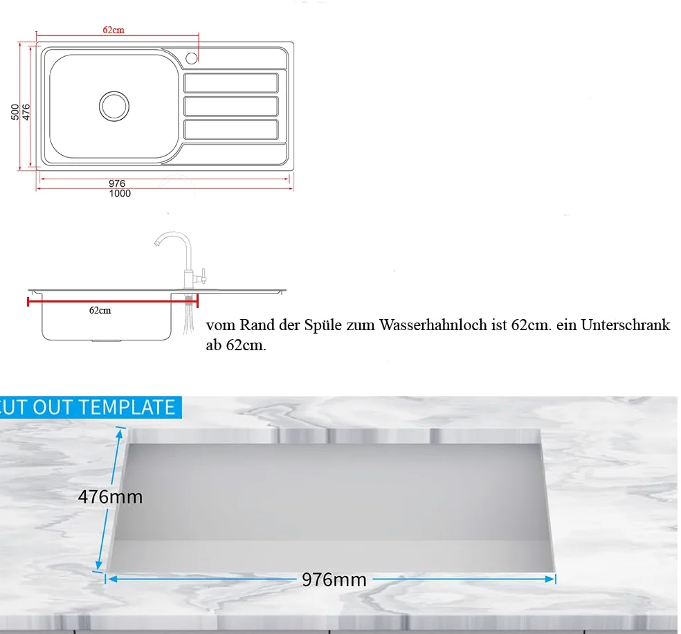 Fregadero de cocina 100 x 50 B, acero inoxidable 304, grosor del material: 0,8 mm, XXL, 50 x 40 cm, fregadero, empotrable, rectangular, 1 cuenco (escurridor derecha negro)