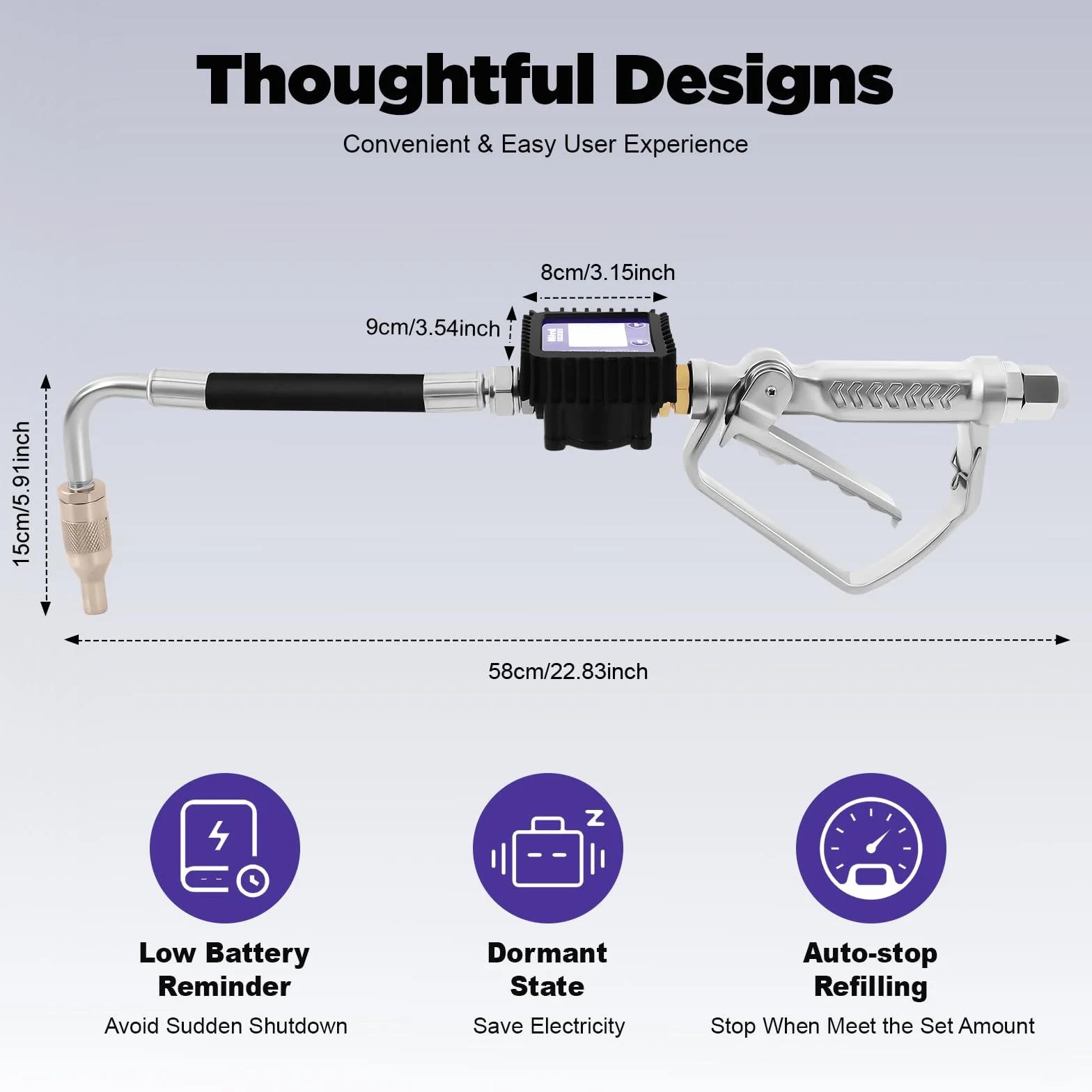 Pistola de medición electrónica de aceite con tubo rígido, pantalla LCD de 5 dígitos y 4 unidades (L, GAL, PT, QT), pistola de reabastecimiento de combustible con batería e indicador de volumen