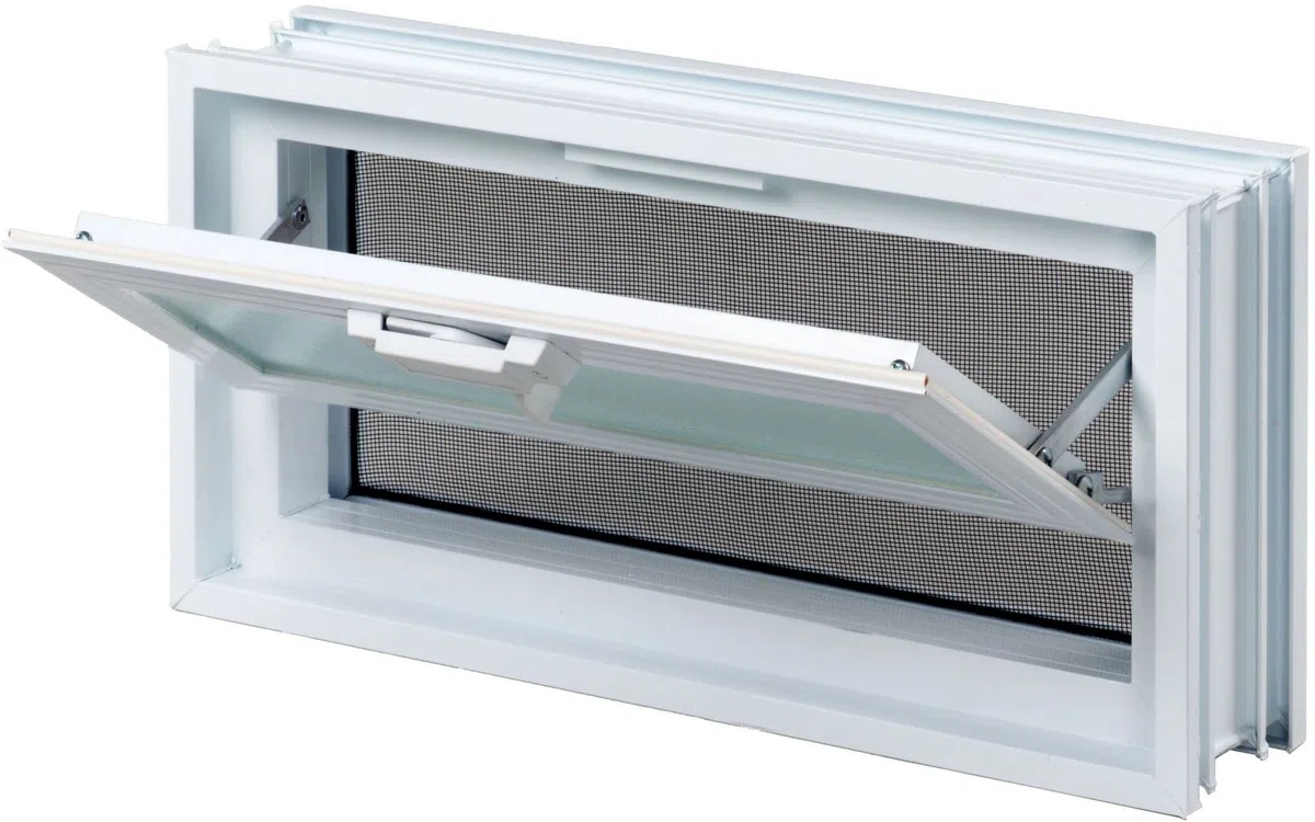 Fuchs Design Ventana de ventilación (484x239x80 mm) Blanco en lugar de 2 bloques de vidrio tamaño 24x24x8 cm - con mosquitera