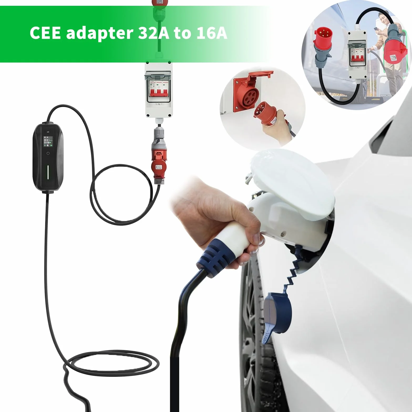 Adaptador de Enchufe de 32 A a Conector de 16 A, Cable alargador de 1 Metro, Cable de conexión con Enchufe, Distribuidor de Corriente Fuerte, Utilizado para conectar aparatos eléctricos