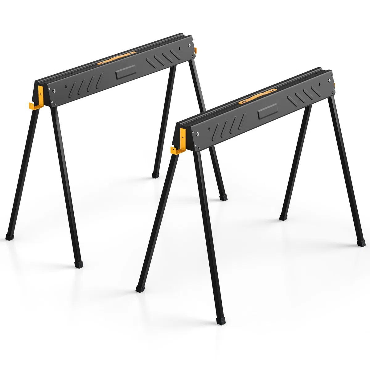 GOPLUS Set de 2 Caballetes de Aserrar Plegables, Caballete de Aserrar Plegable de Metal con Patas de Apoyo Plegables, Soporte de Apoyo con 4 Ganchos Extraíbles, Caballo de Batalla Ligero Portátil