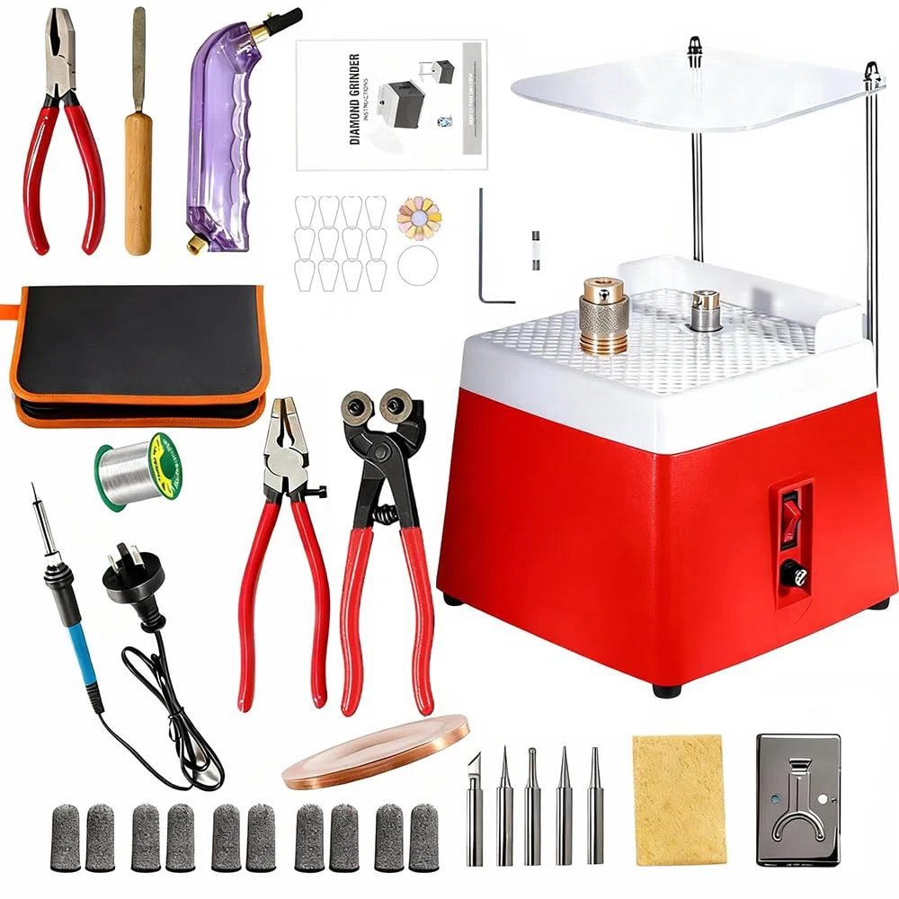Lijadora de Vidrio Portátil,220V,65W,4200 rpm,con Función de Absorción Automática, Capucha Protectora Clara,2 Cabezales de Lijado Intercambiables y Accesorios de 30 pcs para Vidrio y Cerámica (Rojo)