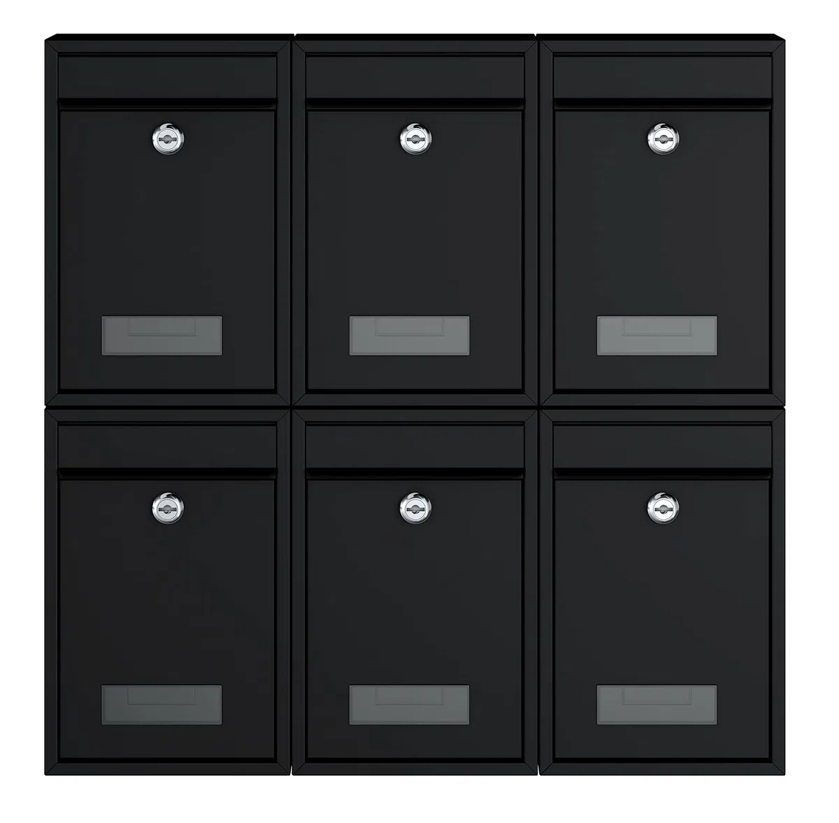 BASI Juego de 6 buzones de pared de acero, color negro mate, con placa para nombre, cerradura cilíndrica con 2 llaves cada una, incluye material de fijación, sistema de buzón, 6 unidades