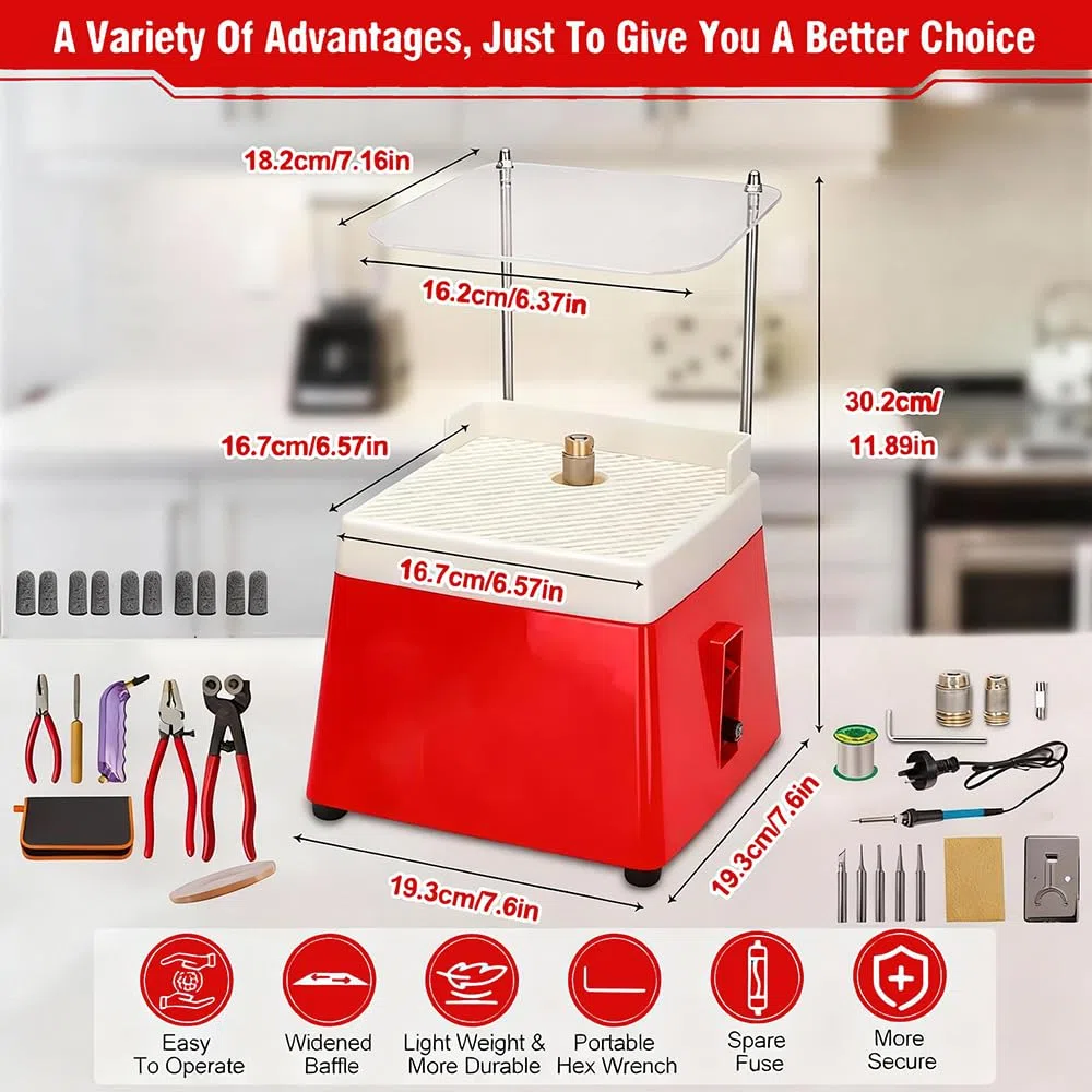 Lijadora de Vidrio Portátil,220V,65W,4200 rpm,con Función de Absorción Automática, Capucha Protectora Clara,2 Cabezales de Lijado Intercambiables y Accesorios de 30 pcs para Vidrio y Cerámica (Rojo)
