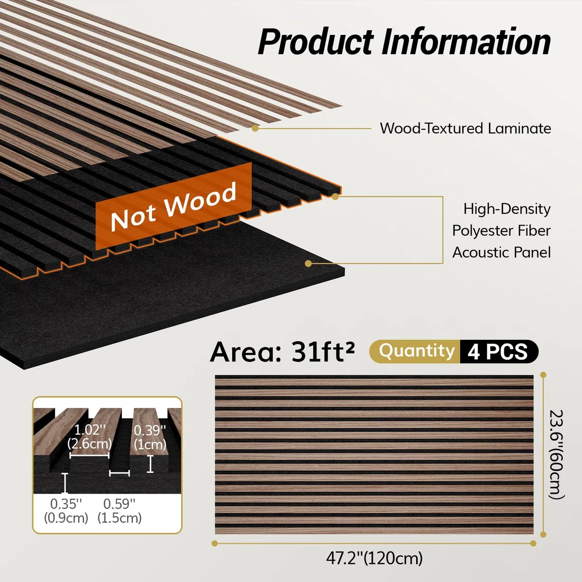 TONOR Paneles 3D Acusticos de Madera Autoadhesivo, Pack 4 Aislante Acustico Decorativo, 120x60x1,9 cm Insonorizacion Acustica Pared, Doble Capa Palilleria Insonorizar para Absorción de Eco, Brown