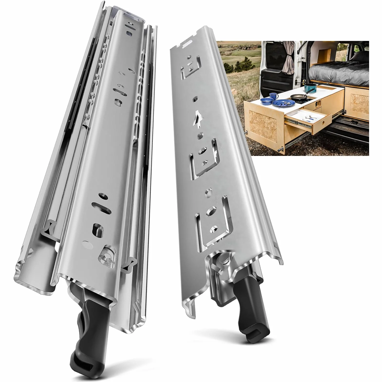 AOLISHENG Guias Correderas Para Cajones Con Freno 1000mm Rieles Para Cajones Extensión Completa 50 KG Capacidad Carga Guías Laterales Para Cajones Con Rodamiento de Bolas 1 par (2 piezas)