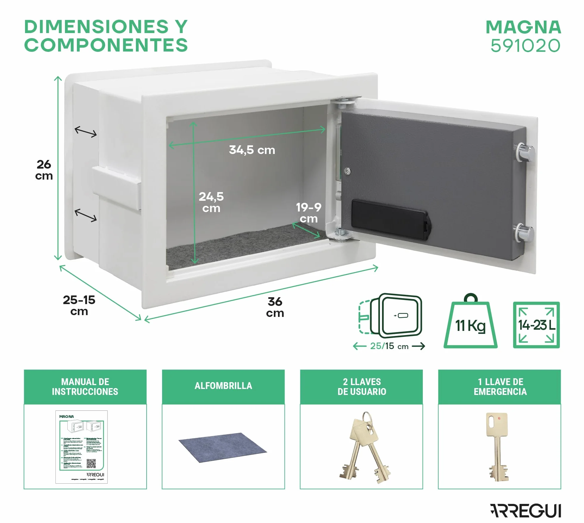 ARREGUI Magna 591020 Caja Fuerte Empotrable Doble Seguridad Fondo Extensible 26x36x15-25cm 14-23L