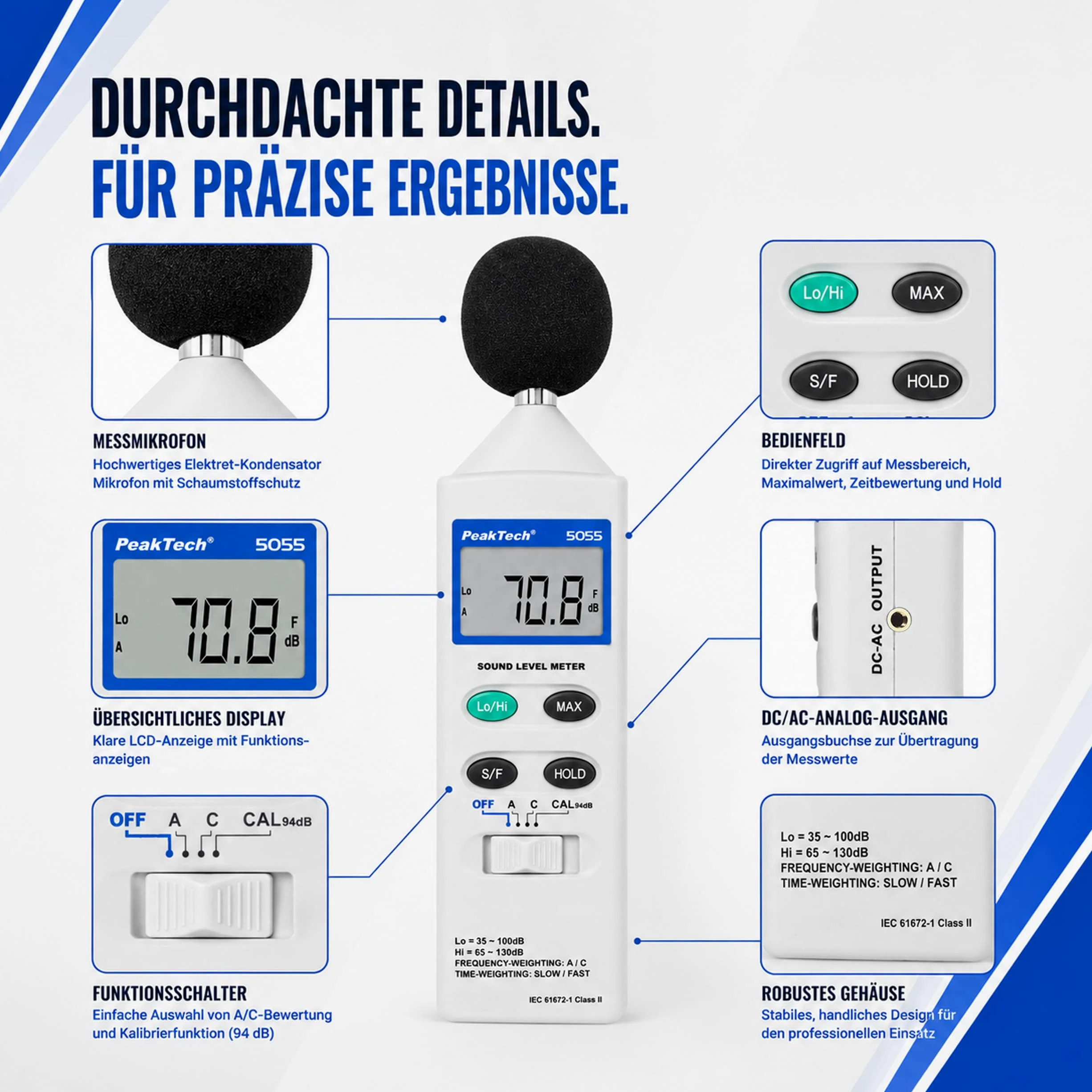 PeakTech 5055 Sonómetro Digital, Medidor de Ruido y Decibelios (dB), Pantalla LCD, Medición Precisa de Nivel de Sonido, Uso Profesional y Doméstico