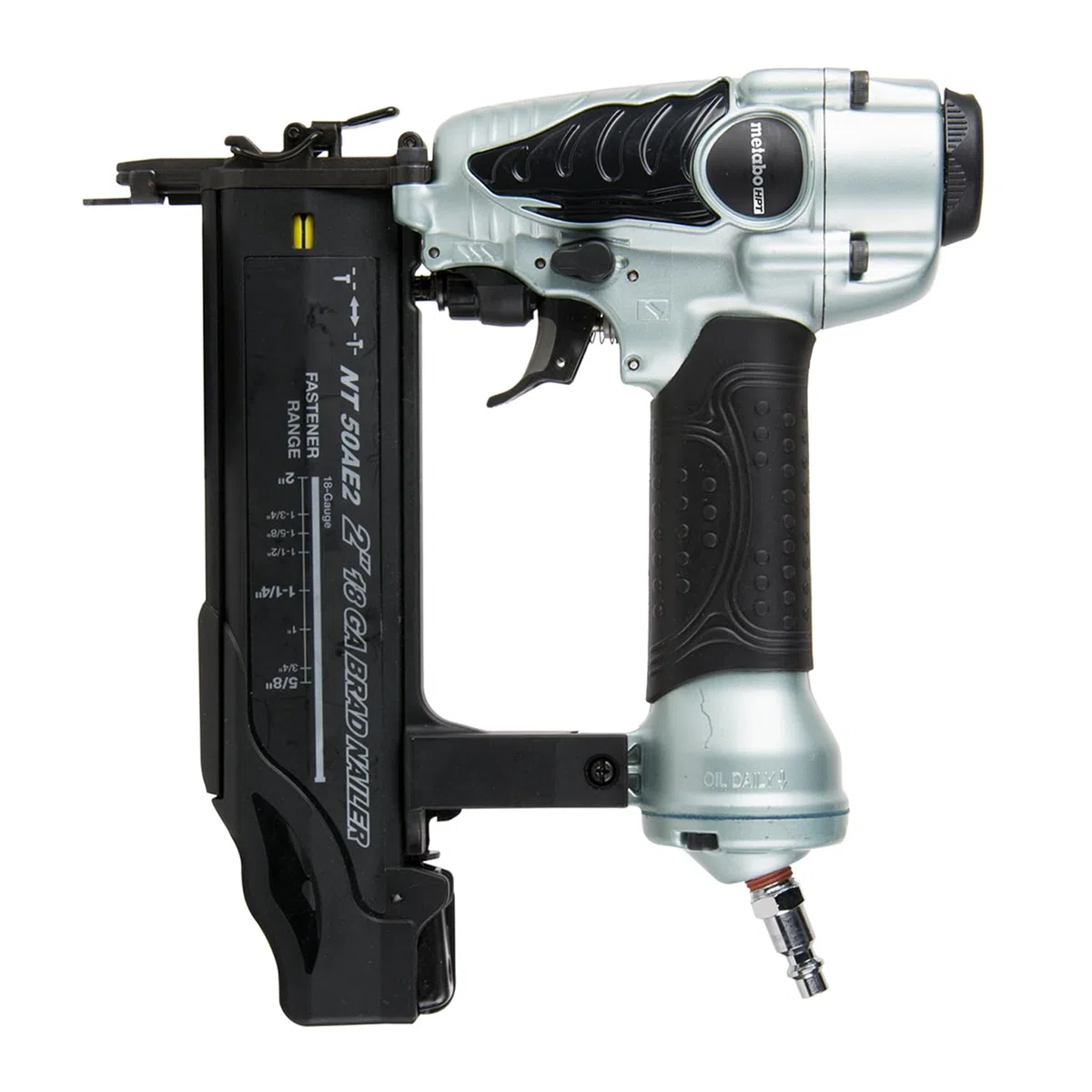 Metabo HPT Clavadora Brad NT50AE2 - Clavadora neumática ligera para trabajos de corte de precisión y construcción de muebles, profundidad ajustable, calibre 18, clavos de 5/8 pulgadas hasta 2 pulgadas