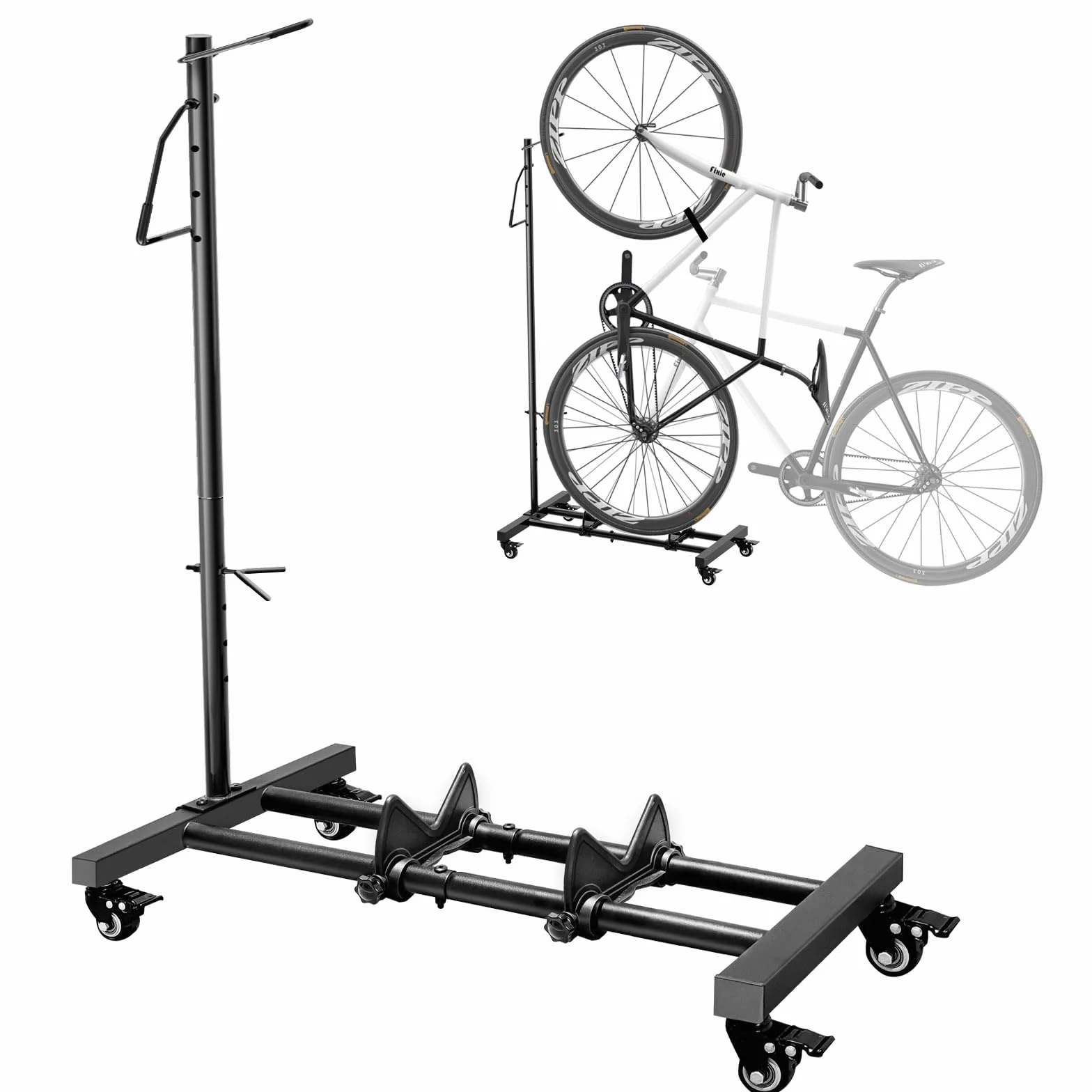 Mimoke Soporte de bicicleta con ruedas – para bicicletas de montaña y carreras de hasta 29 pulgadas, altura ajustable, ahorra espacio, ideal para apartamentos