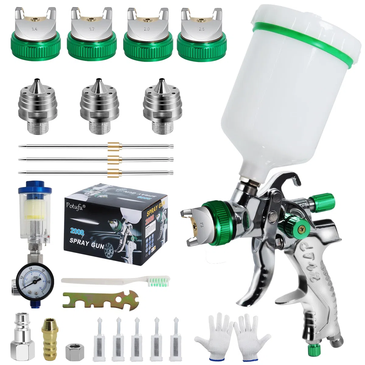 Pistola Pintura HVLP con Compresor, 4 Boquillas (1.4/1.7/2.0/2.5 mm), Pistola Pulverizadora Profesional por Gravedad con Vaso de 600 ml - para Coche, Madera, Paredes - Verde