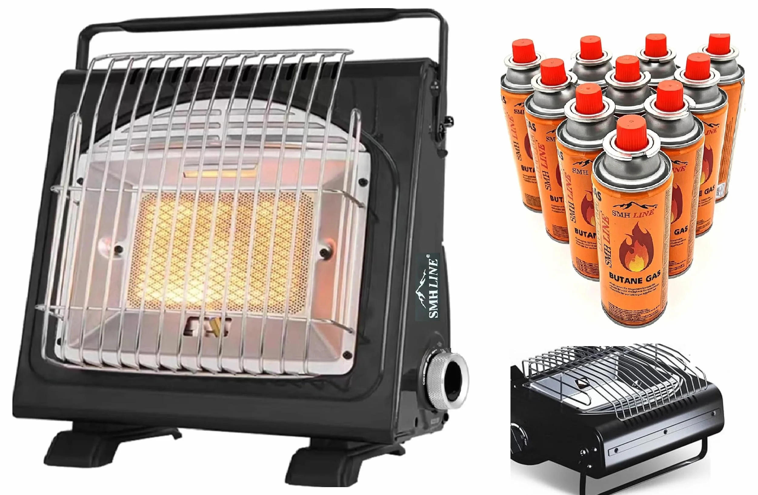 SMH LINE® Calefactor de gas portátil 2 en 1 para camping + 16 cartucho de gas butano, caravana, quemador de 1,7 kW, quemador, calentador de cerámica