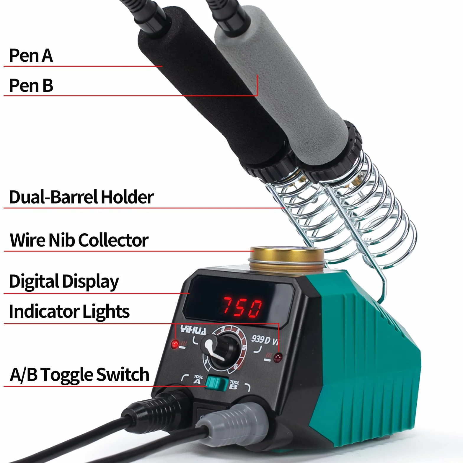 YIHUA 939D-VI Kit de quema de grabador madera de doble pluma con pantalla digital con 20 puntas de alambre, pluma de quema de madera desmontable, pinzas utilizadas como herramienta de quema de madera