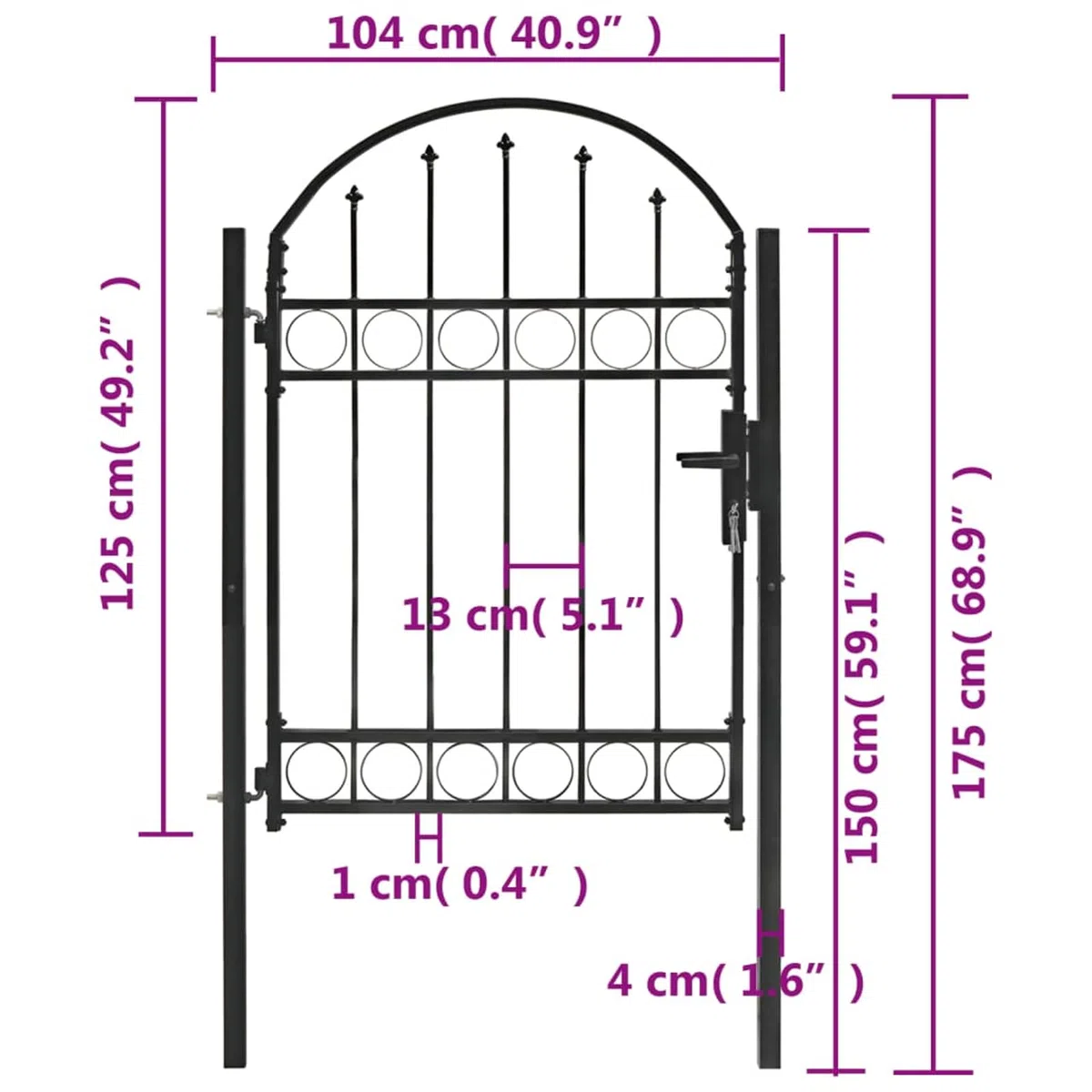 Puerta de jardín con Arco Superior 100x125 cm Acero Negro, Puertas para Jardin, Puertas De Exterior, Valla Jardín, Rejas para Puertas De Entrada