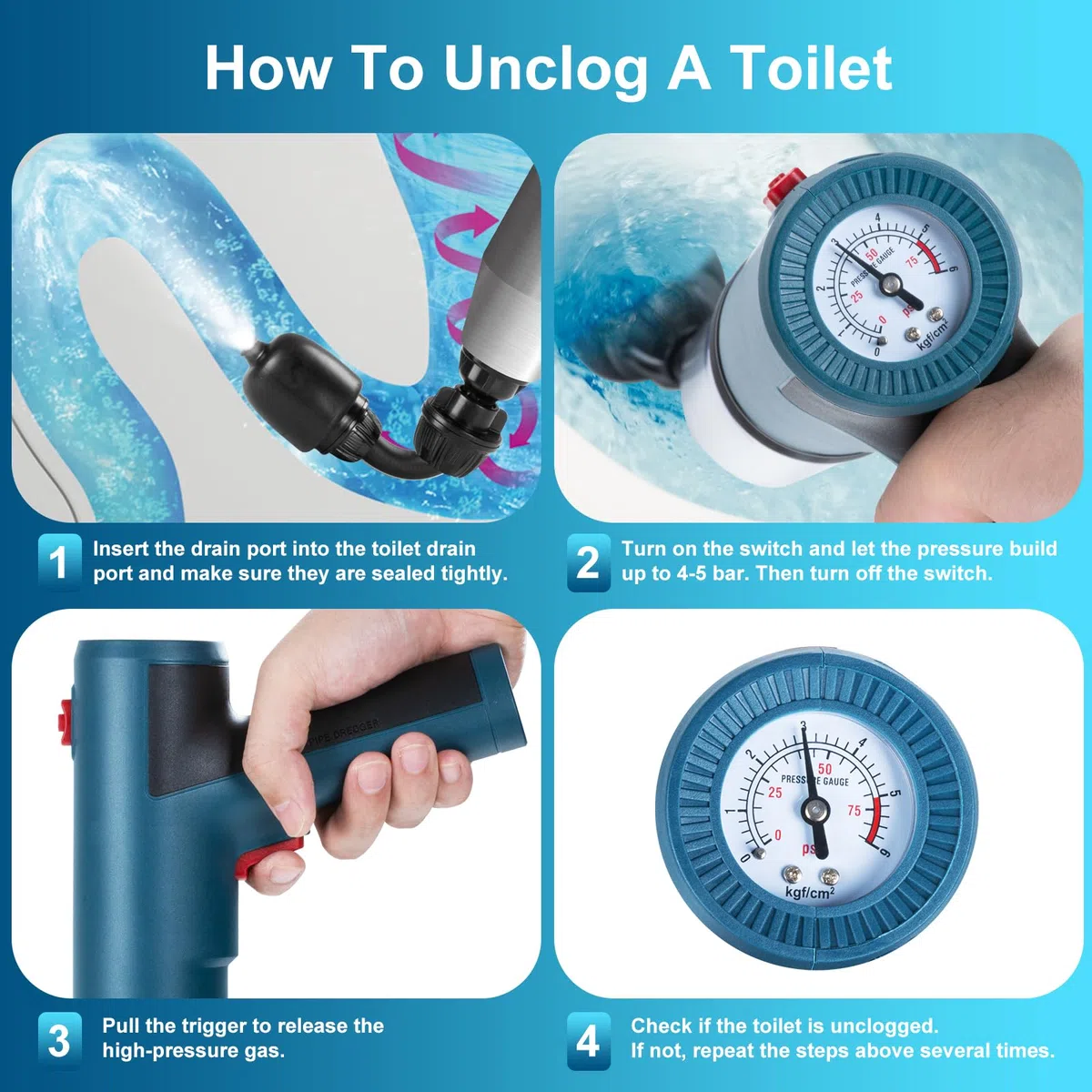 Desatascador eléctrico Tuberías WC, Desatascador eléctrico profesional, Desatascador de Tuberías de Alta Presión con Manómetro, para Inodoro, Lavabo, Fregadero, Ducha y Bañera