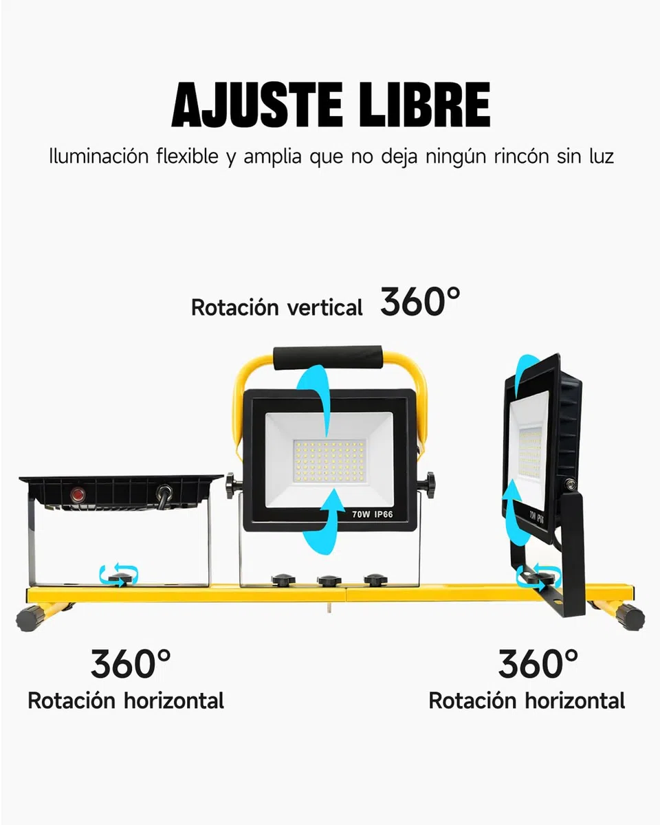 Foco de Trabajo LED 210W con Trípode, 20000LM, 3 Cabezas Giratorias, Cable de 5m, IP66 Impermeable, Luz de Trabajo Plegable para Exterior, Taller, Obra & Emergencias