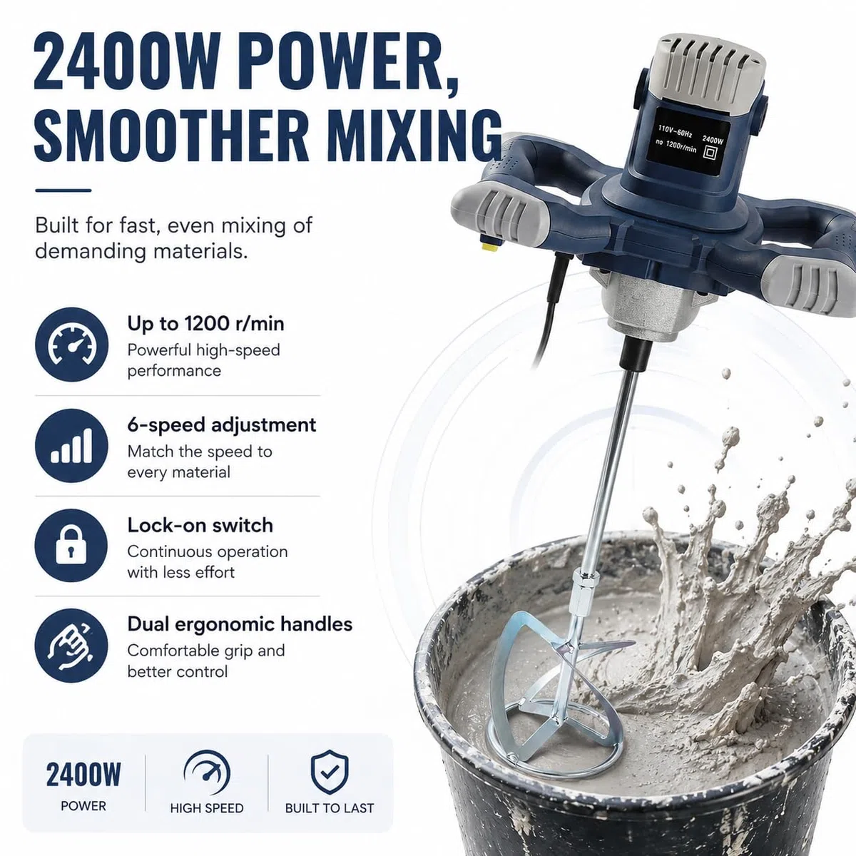 Mezclador de hormigón profesional de 2400 W, batidora de mortero seco, 6 velocidades, 1200 rpm, batidora de mano