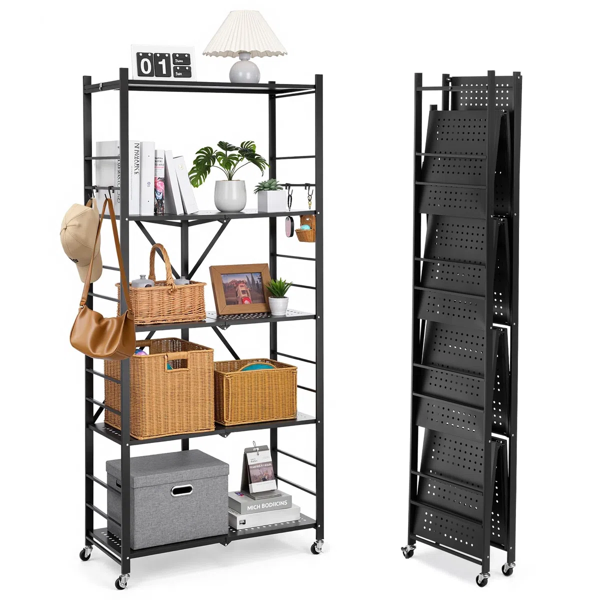 VEVOR Estante de Almacenamiento Plegable de 5 Niveles con Ruedas 81 x 36 x 183 cm Estantería Metálica Móvil Resistente, sin Necesidad de Ensamblaje, Organizador para Garaje, Cocina, Sótano, Negro